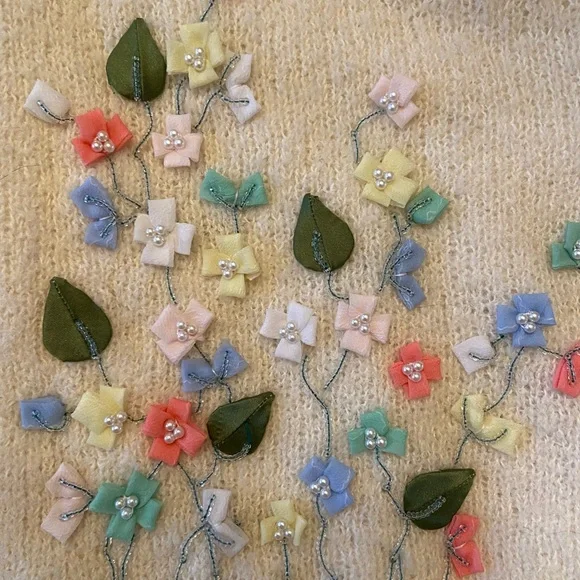 Cream Floral Embroidered Cardigan 1950s Vintage M - Picture 2 of 10